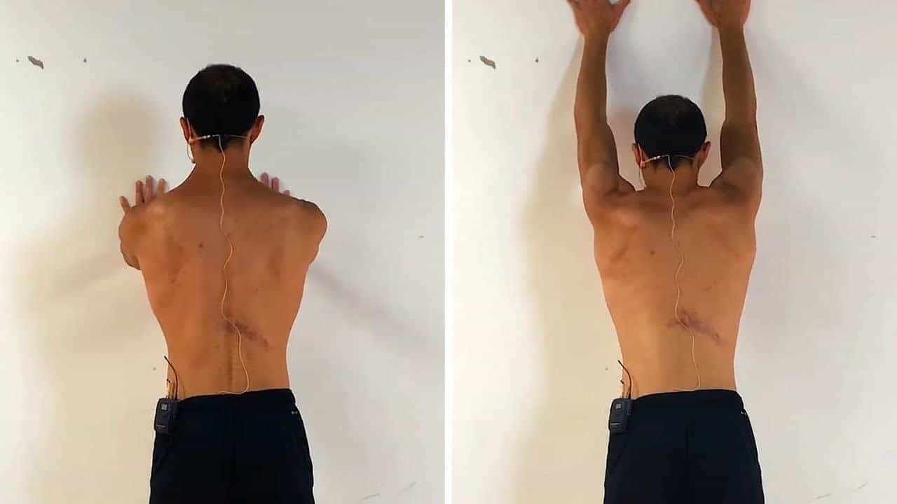 Overhead Wall Rollout - Use this rollout to focus on upward rotation of the scapula during shoulder flexion (arms moving overhead). Keep your core active and breathe throughout the motion so you're training proper breathing pattern (not holding your breath) with a stable core and shoulder movement.