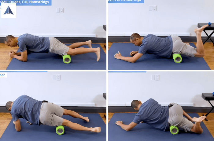 Person lying face down using a foam roller on the thigh while bending the knee heel-to-butt to actively massage the quadriceps and IT band.