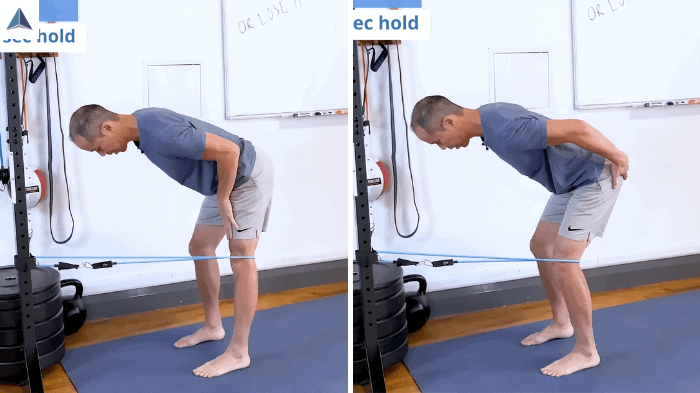 Person standing with a resistance band looped behind knees, hinging at hips with knees bent, then contracting glutes and extending knees while holding quad contraction.
