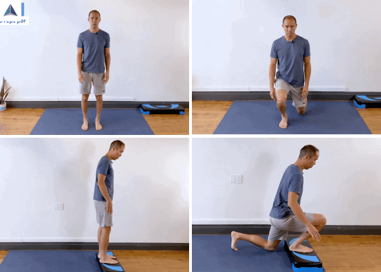 Person stepping one leg back into a reverse lunge with upright torso and flat front foot, lowering back knee lightly to the ground and pushing through front foot to stand.