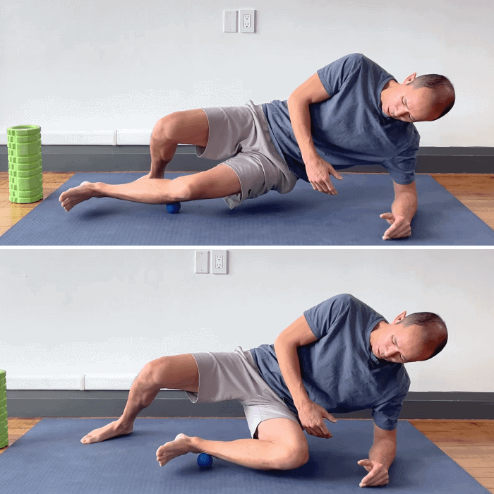 Self-myofascial release of peroneal muscles using a massage ball along the outer shin and ankle.