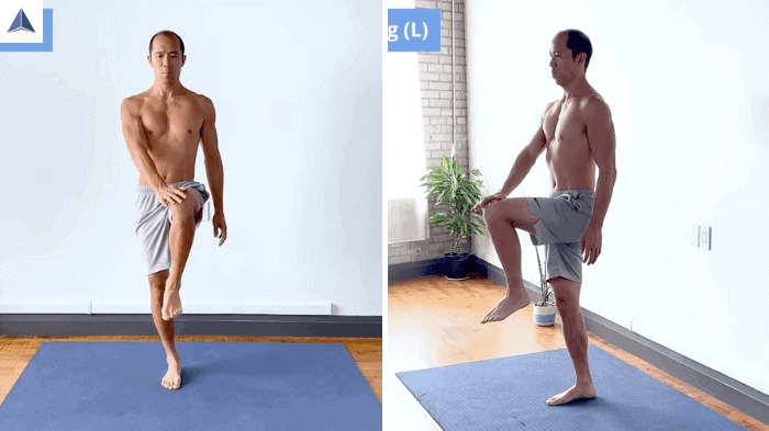 Standing dead bug with left knee raised and right hand pressing into it for resistance.
