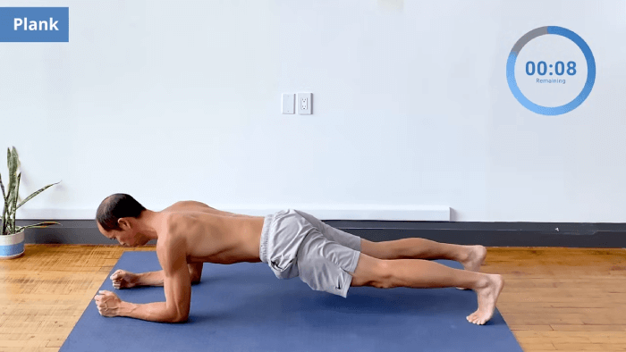 Full body forearm plank with straight legs, neutral spine, and engaged core.