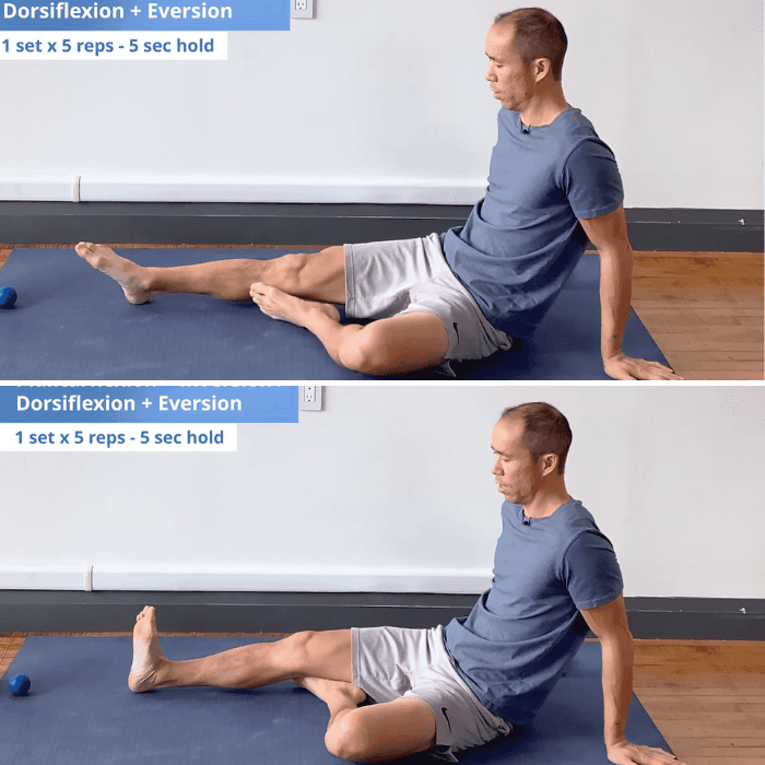 Peroneal strengthening exercise: moving from plantarflexion + inversion (toes down and inward) to dorsiflexion + eversion (toes up and outward).