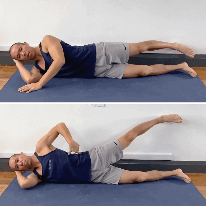 Side-lying hip extension targeting glute medius and outer hip muscles for hip stability.