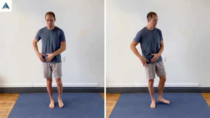 Person standing on one leg, slowly externally rotating the hip while shifting weight, lifting the opposite foot, and maintaining controlled balance throughout the motion.