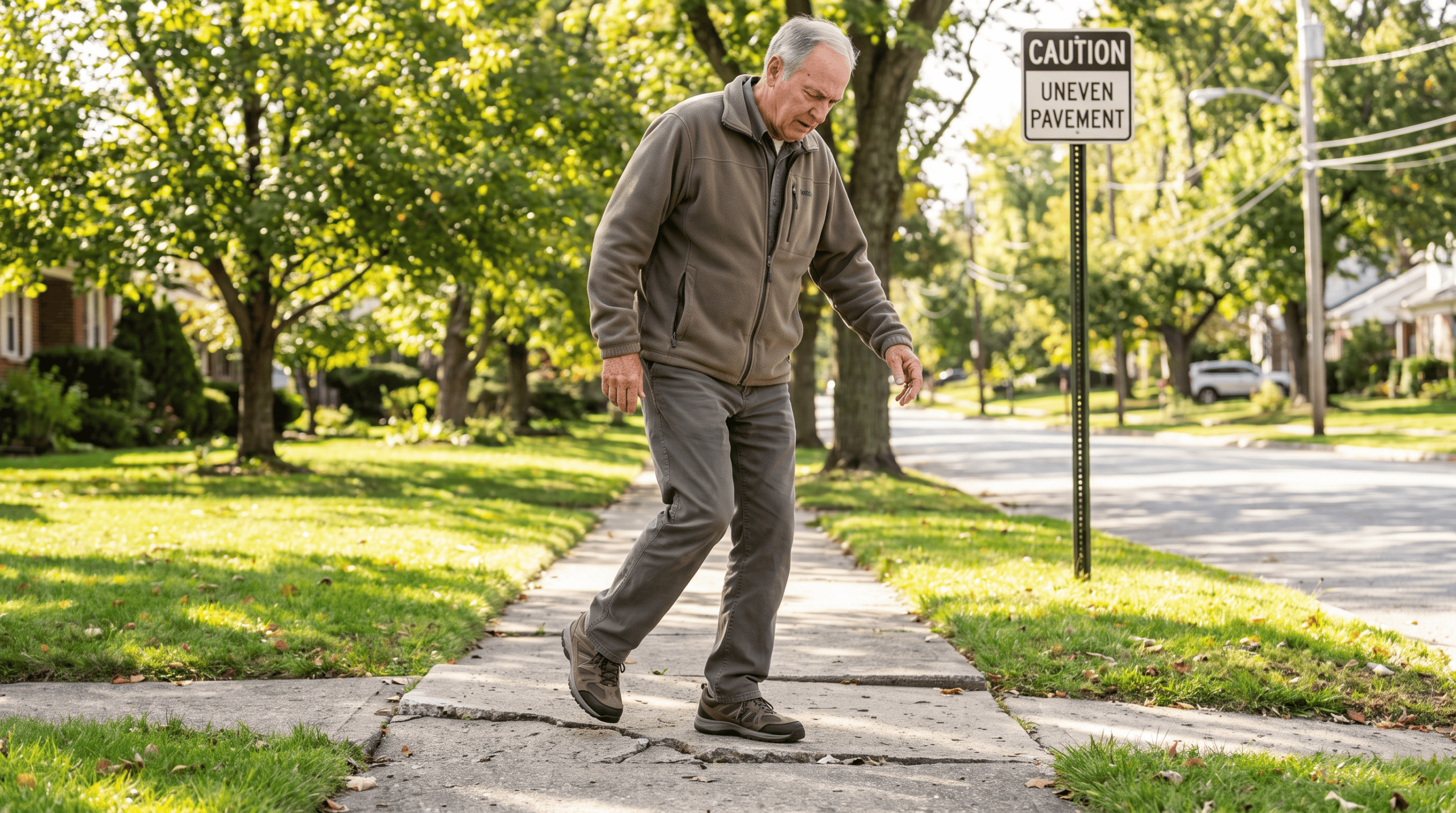 older adult losing balance on uneven sidewalk